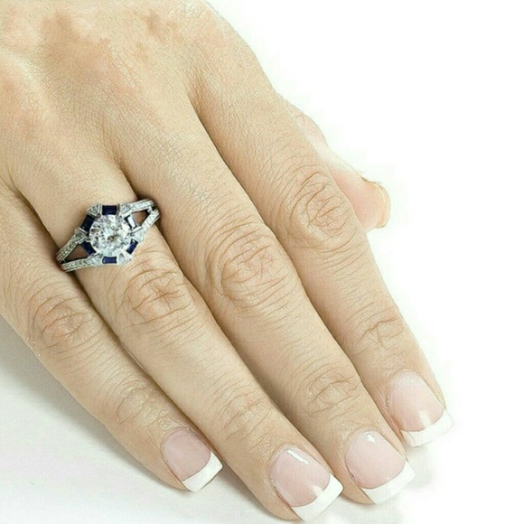 Art Deco 14K plated sterling  White Gold Sapphire moissanite ring … - Picture 5 of 6